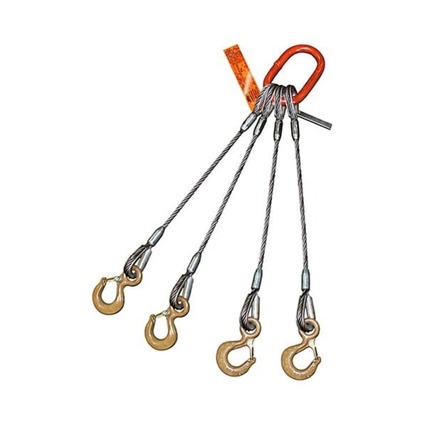 Hsi Four Leg Wire Rope Sling, 3/4 in dia, 28 ft Length, Eye Hoist Hook, 19 ton Capacity